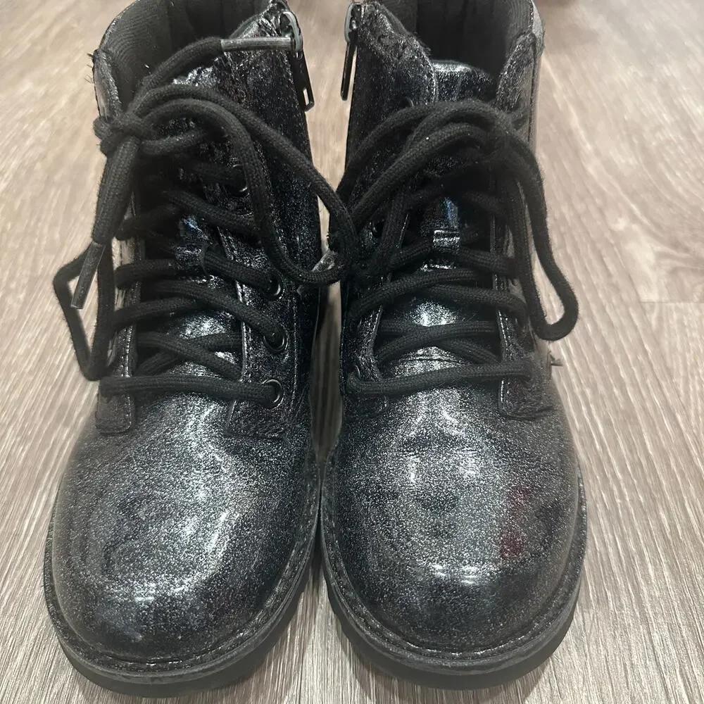 Ugg Black Ashton Glitter Patent Lace-Up Lug Sole Chunky Combat Boots Grunge Sz 2